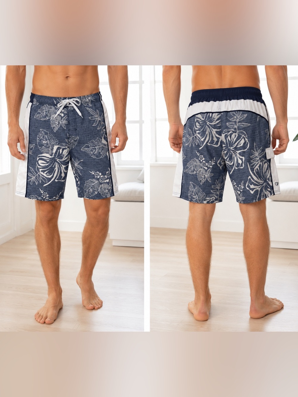 OP Vintage Men's Tropical Floral Board Shorts Swim Trunks W/One Pocket -Medium